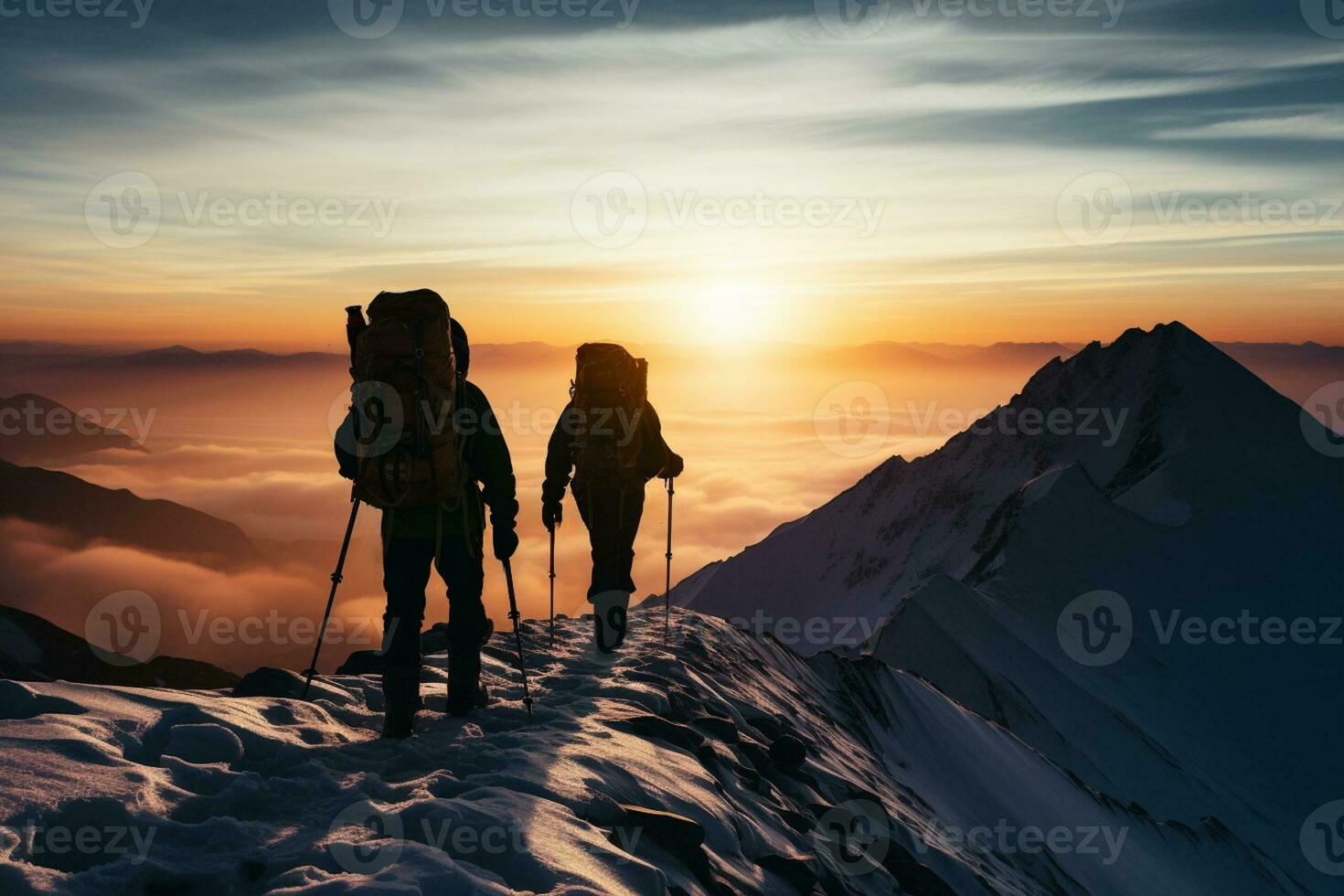 Shivering mountaineers silhouette against frigid sunrise background with empty space for text photo