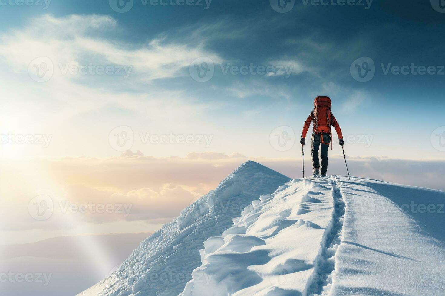 Lone climber ascending snow covered ridge background with empty space for text photo