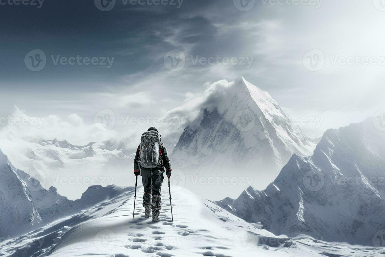 Emotion etched mountaineer resolute against harsh infinity of winter wilderness photo