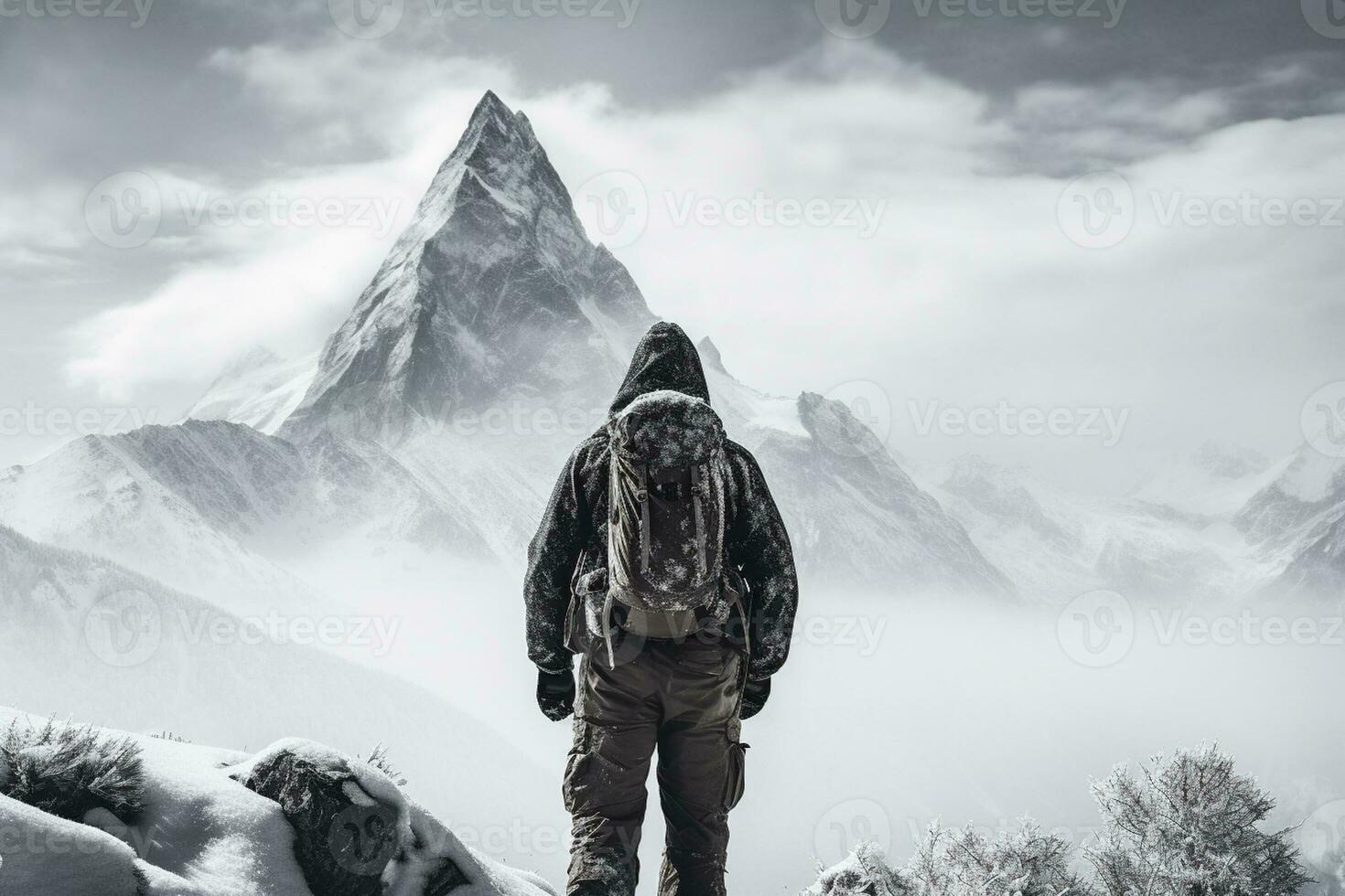 Emotion etched mountaineer resolute against harsh infinity of winter wilderness photo