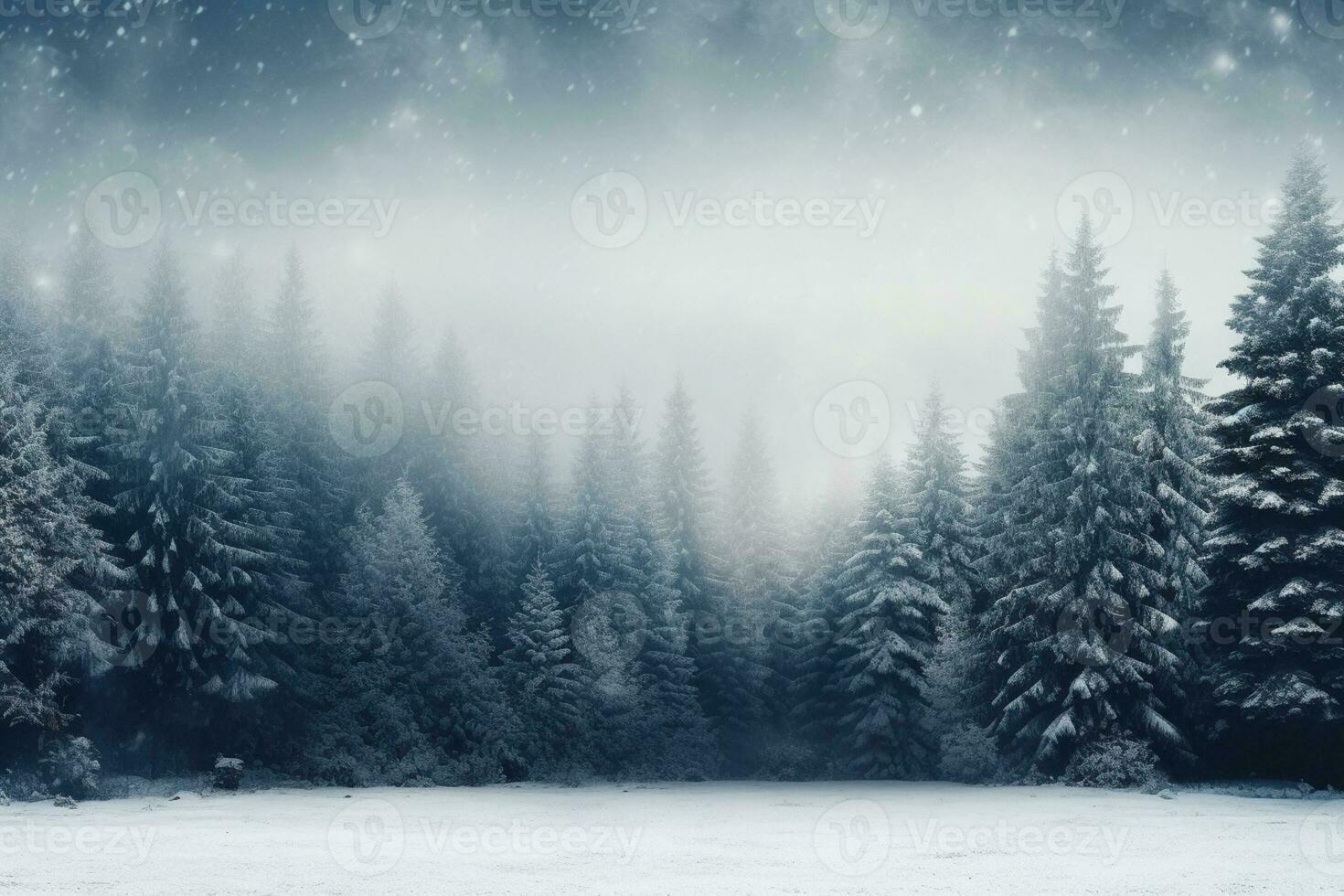 Glistening snowfall over quiet alpine forest background with empty space for text photo