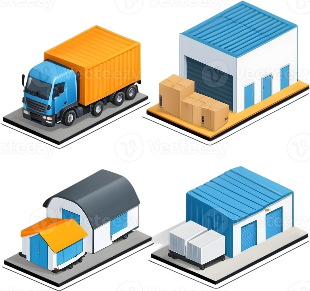 isometric warehouse icons set, with trucks, containers, and buildings png