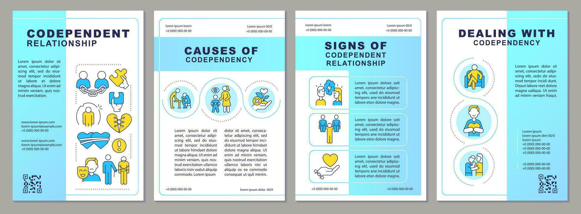 2D codependent relationship blue brochure template, leaflet design with thin line icons, 4 vector layouts.