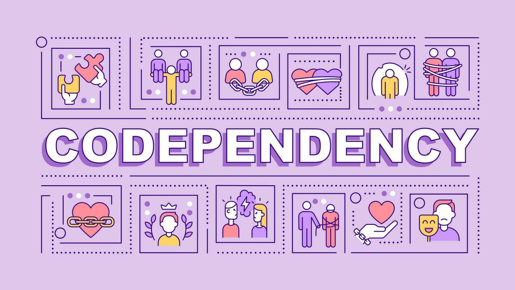 Codependency text with various thin line icons concept on purple monochromatic background, editable 2D vector illustration.