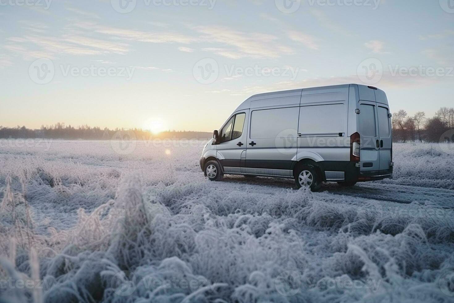 Frost covered van glistening under dawns first light background with empty space for text photo