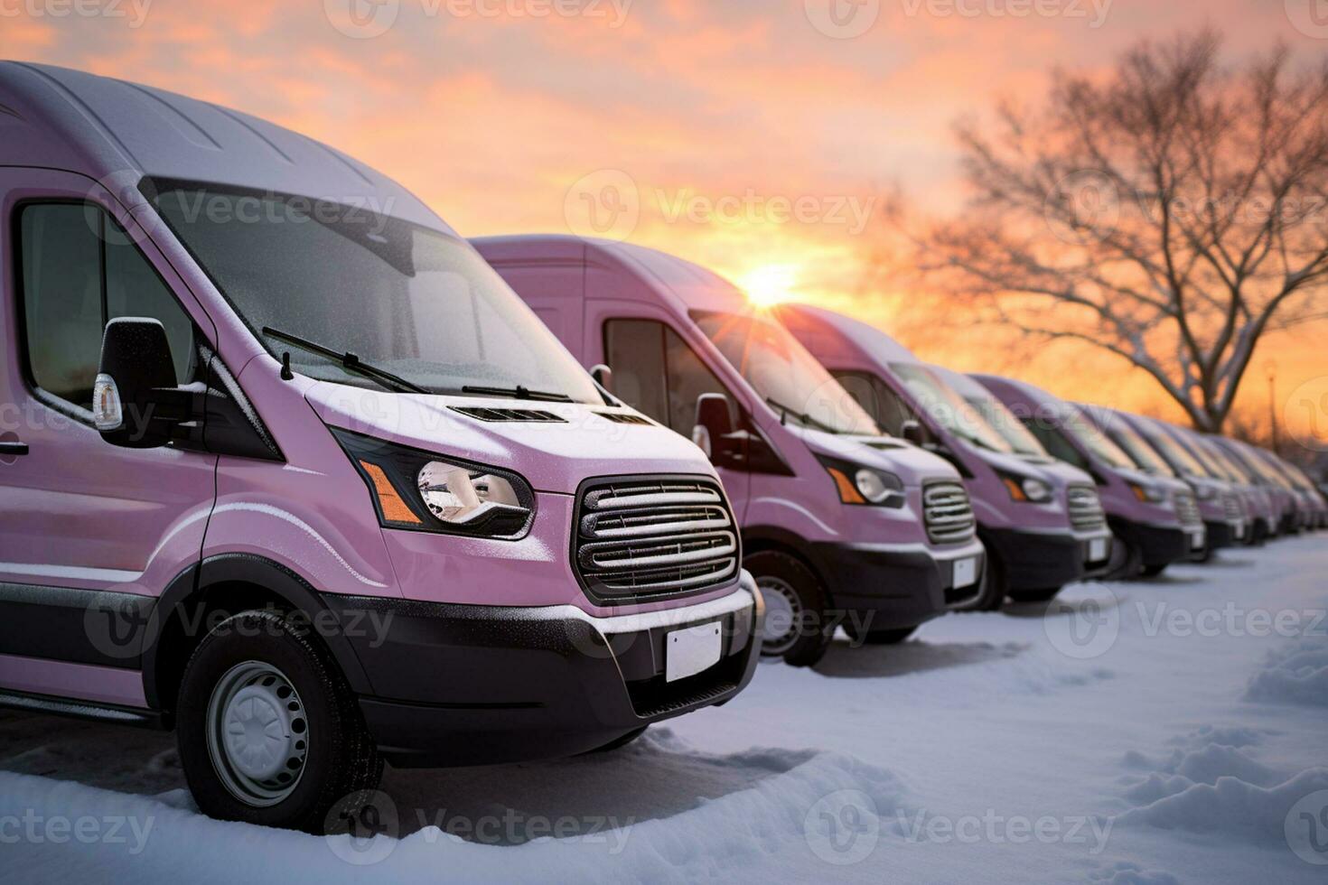 Snow covered vans at dawn celebrating frosty mornings with first light photo