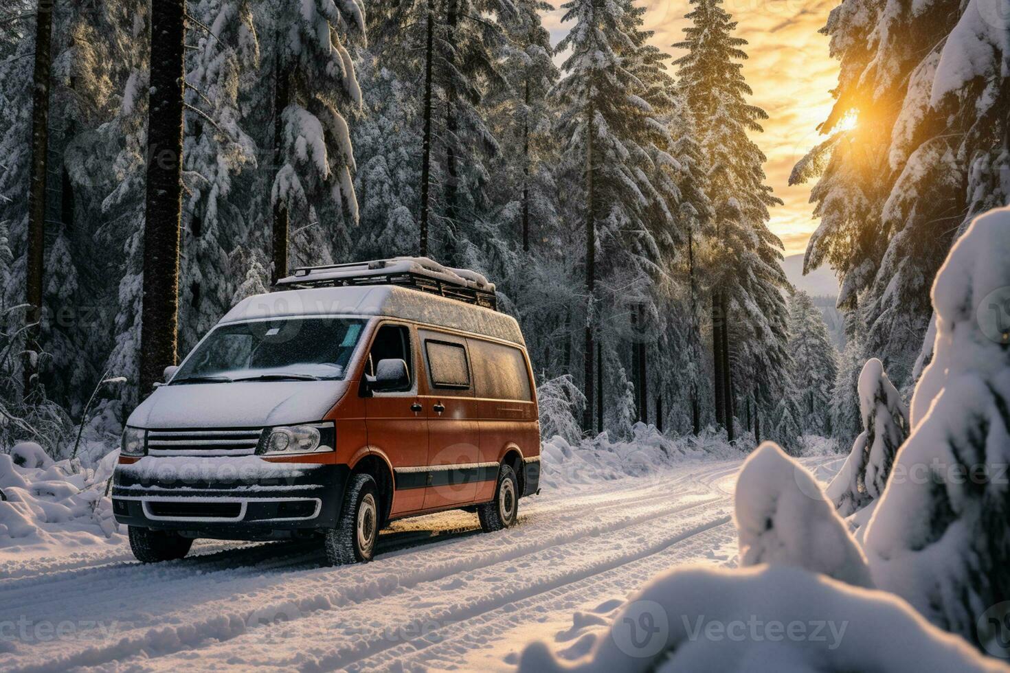 Van parked amidst snow draped pines narrating tales of chilly wilderness encounters photo