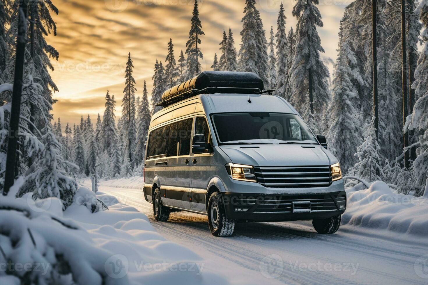 Van parked amidst snow draped pines narrating tales of chilly wilderness encounters photo