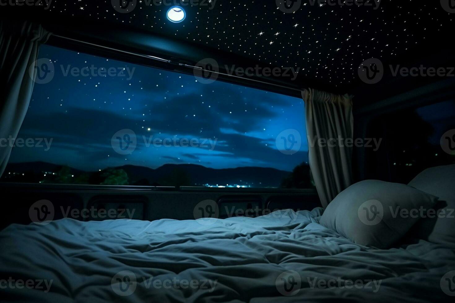 Starry night skies viewed through vans rooftop window background with empty space for text photo