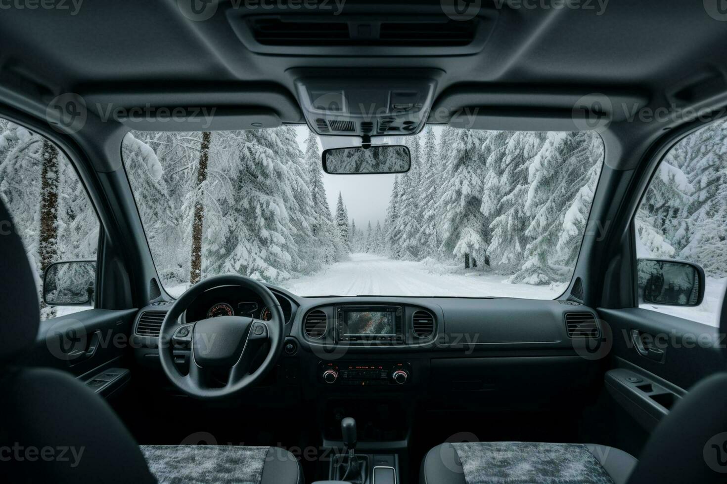 Crisp winter forest seen from vans interior background with empty space for text photo