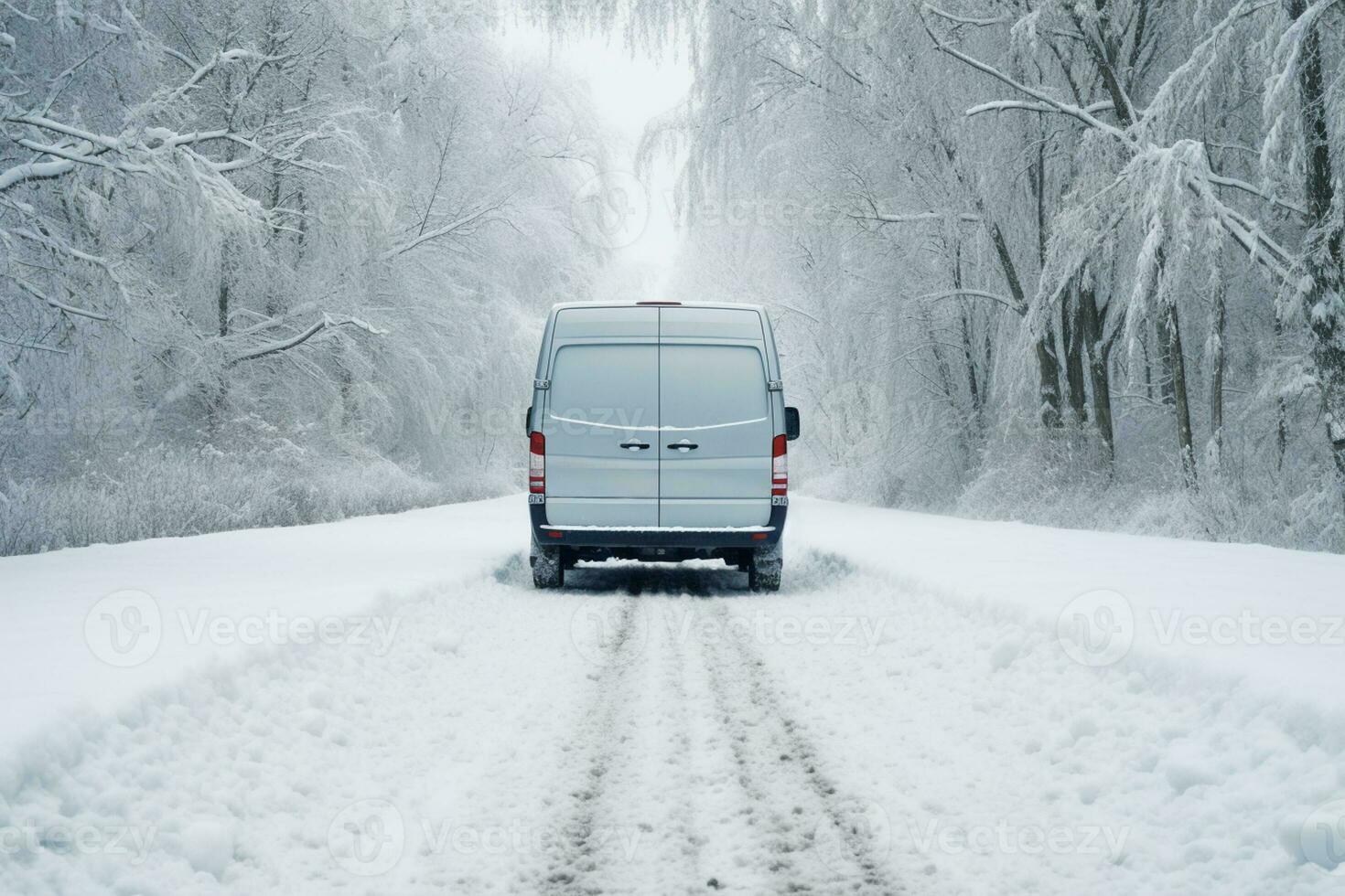 Snow laden road trailing behind the van background with empty space for text photo