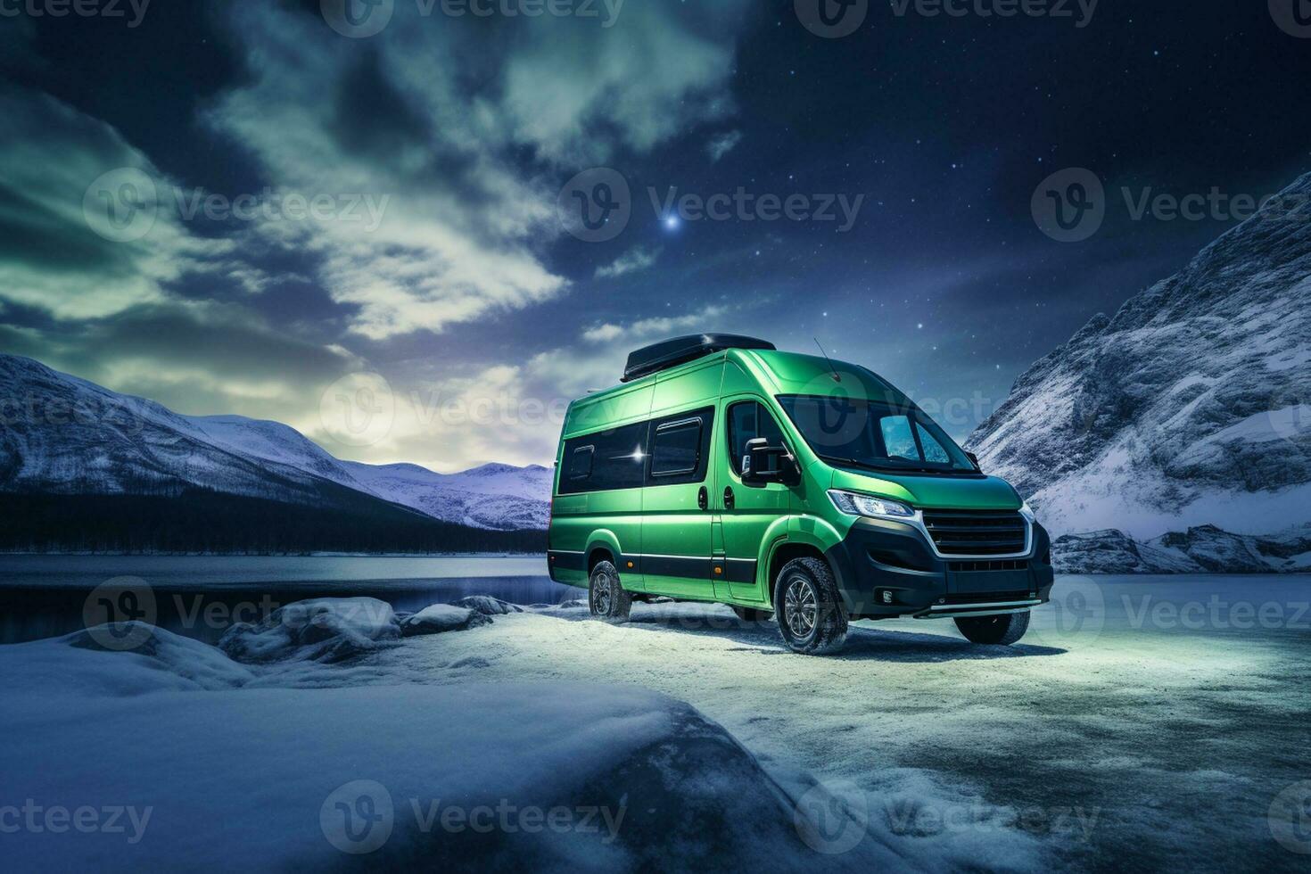 Magical Aurora Borealis display over winter van background with empty space for text photo