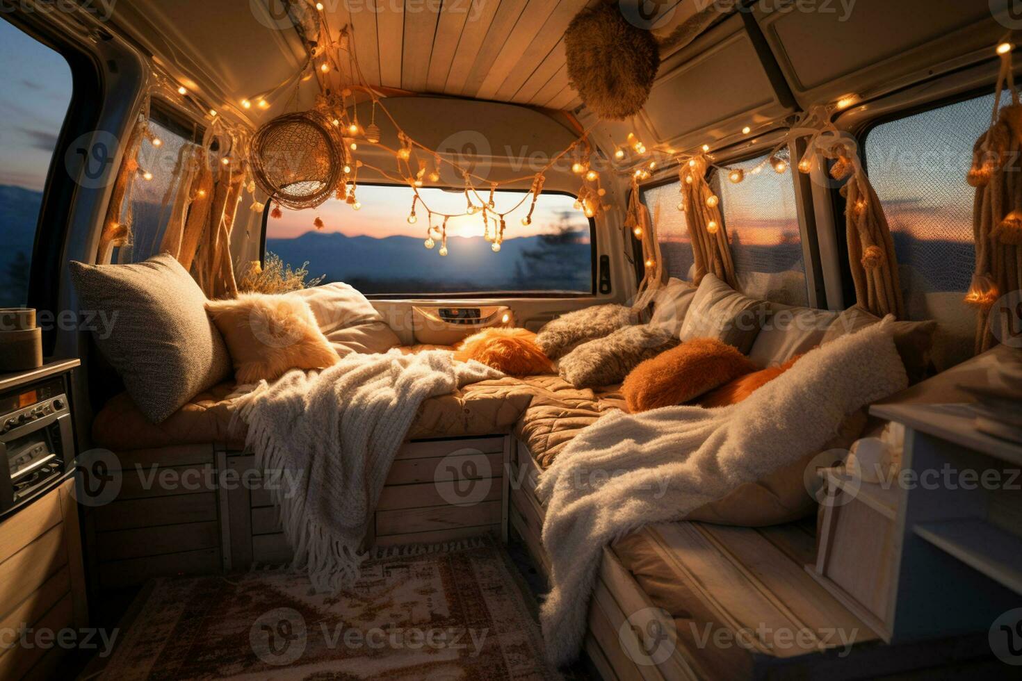 Cozy van interior illuminated with warm lights background with empty space for text photo