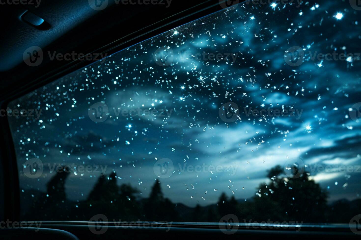 Starry night skies viewed through vans rooftop window background with empty space for text photo