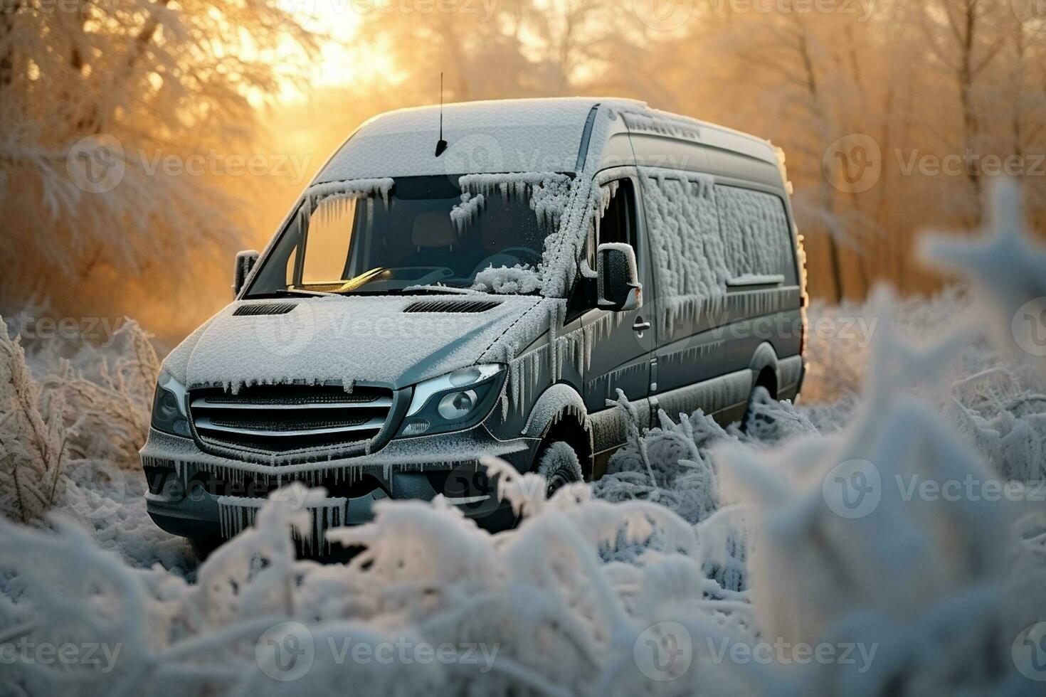 Frost covered van glistening under dawns first light background with empty space for text photo