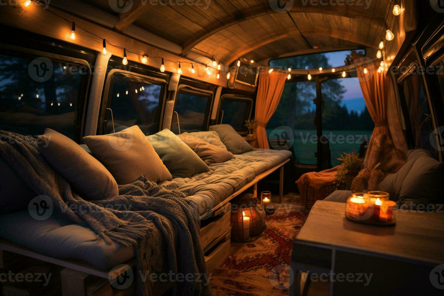 Cozy van interior illuminated with warm lights background with empty space for text photo