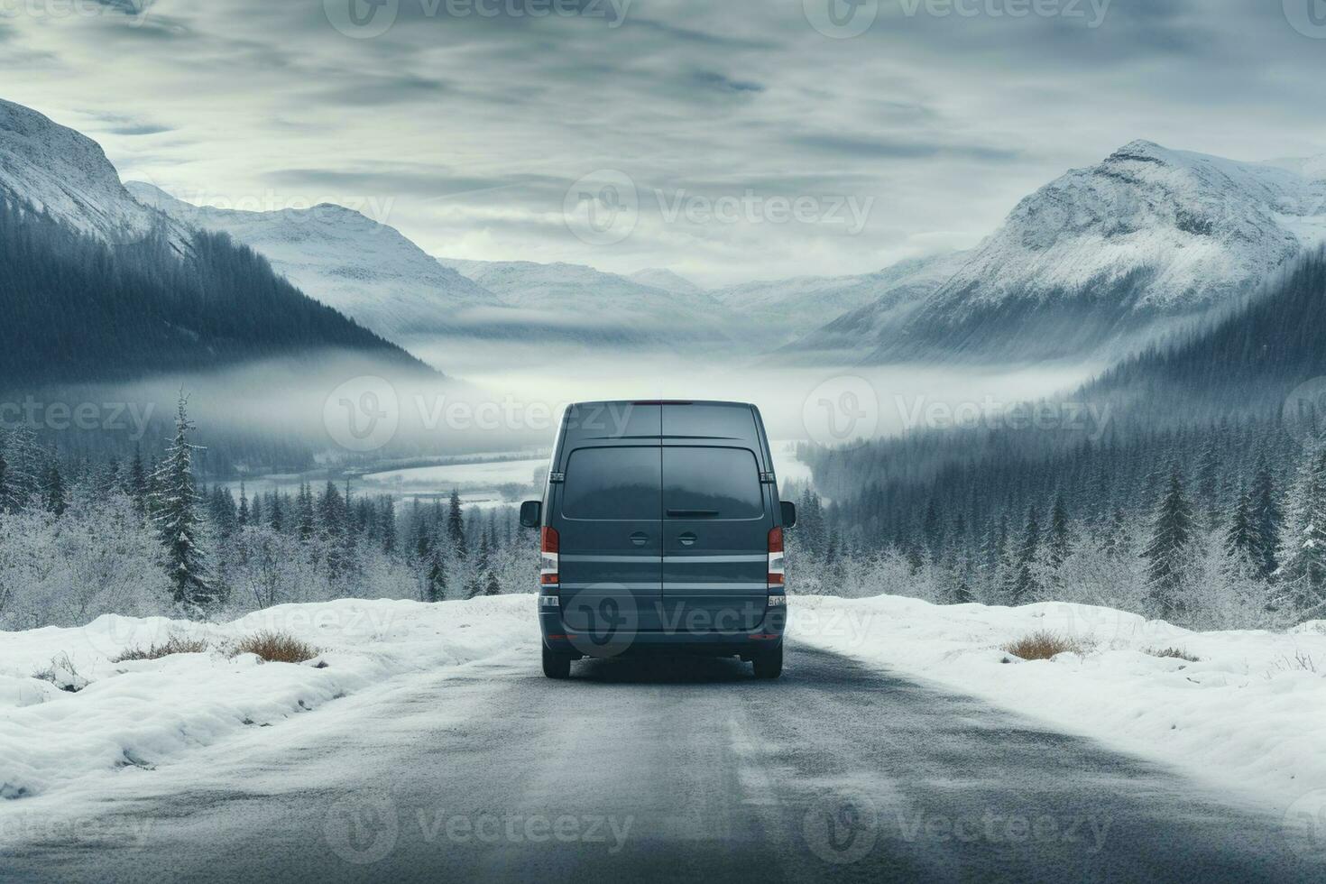 Misty winters day van view background with empty space for text photo