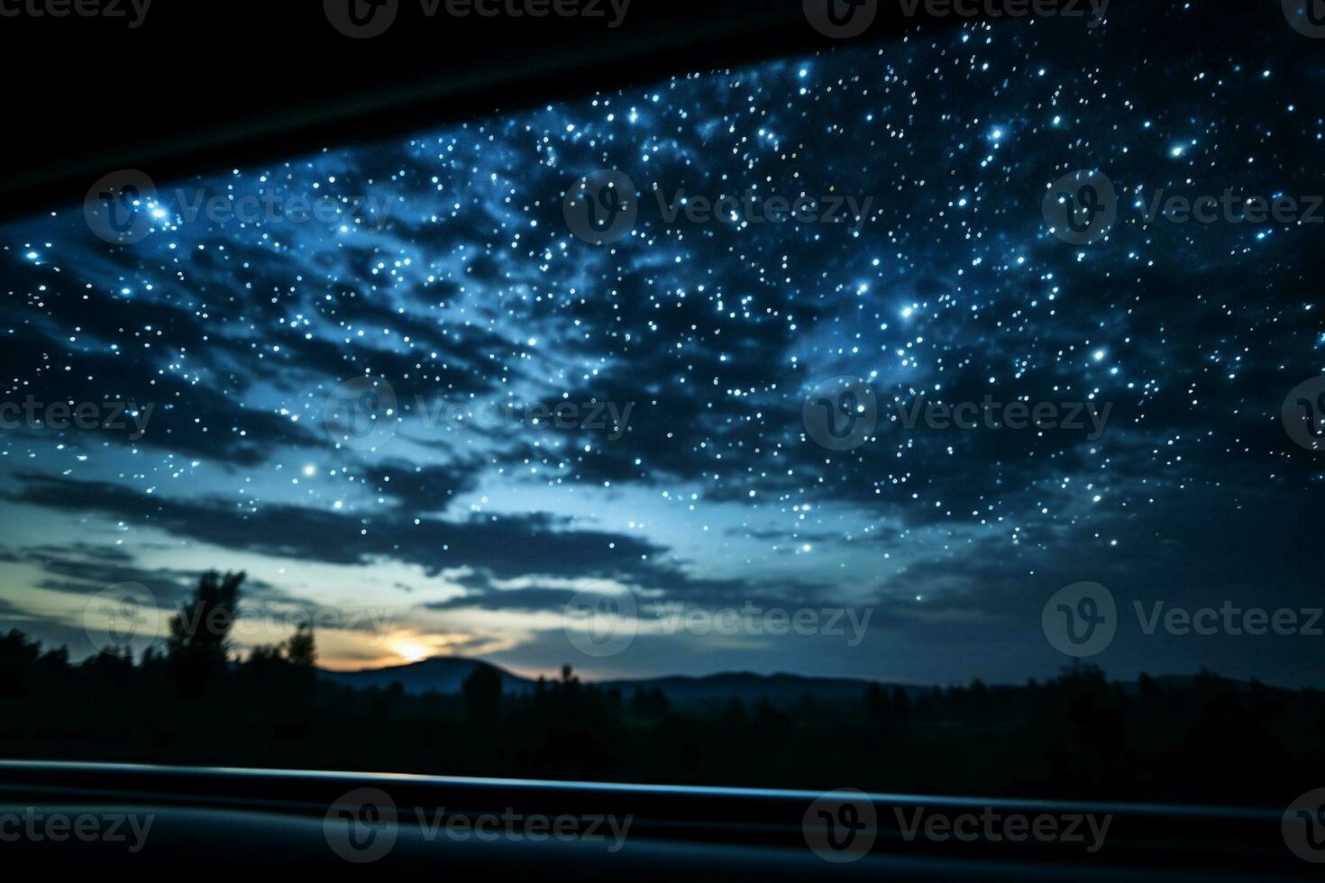 Starry night skies viewed through vans rooftop window background with empty space for text photo