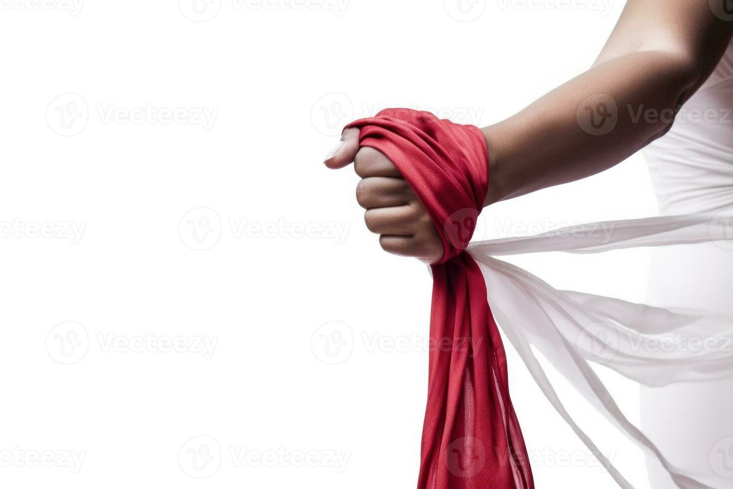 Performers muscular arm tightly wound in aerial silk isolated on a white background photo