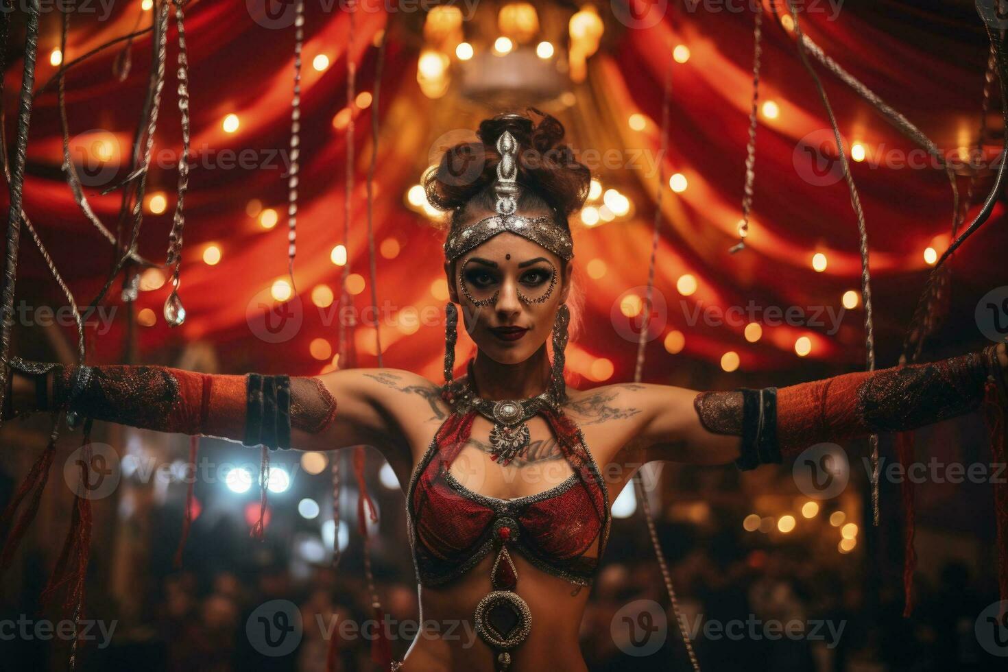 Elevated spectacle of spinning hoop artist under bejeweled circus tent canopy photo