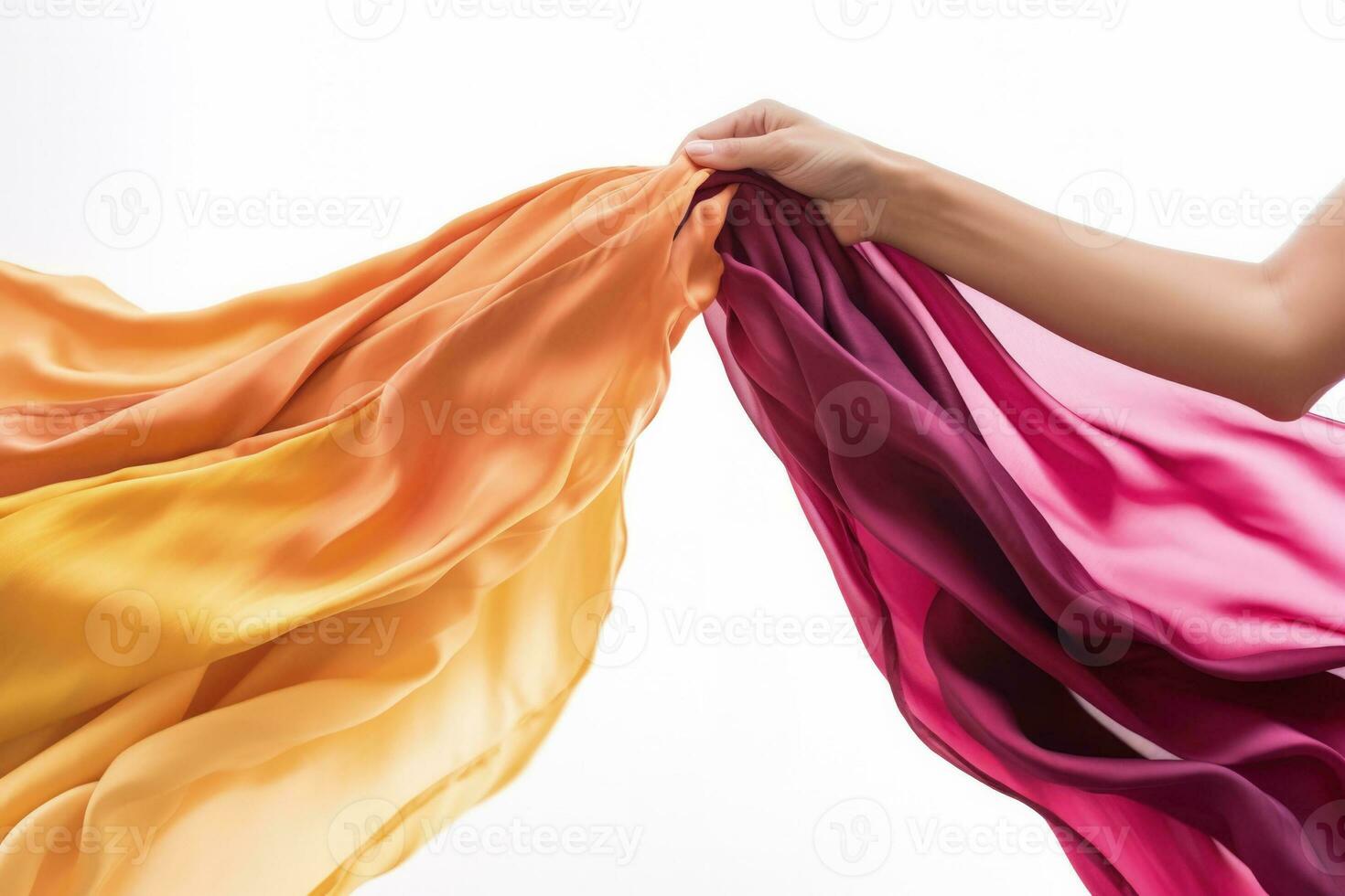 Close up of aerial silk fabrics and performers hands isolated on a white background photo