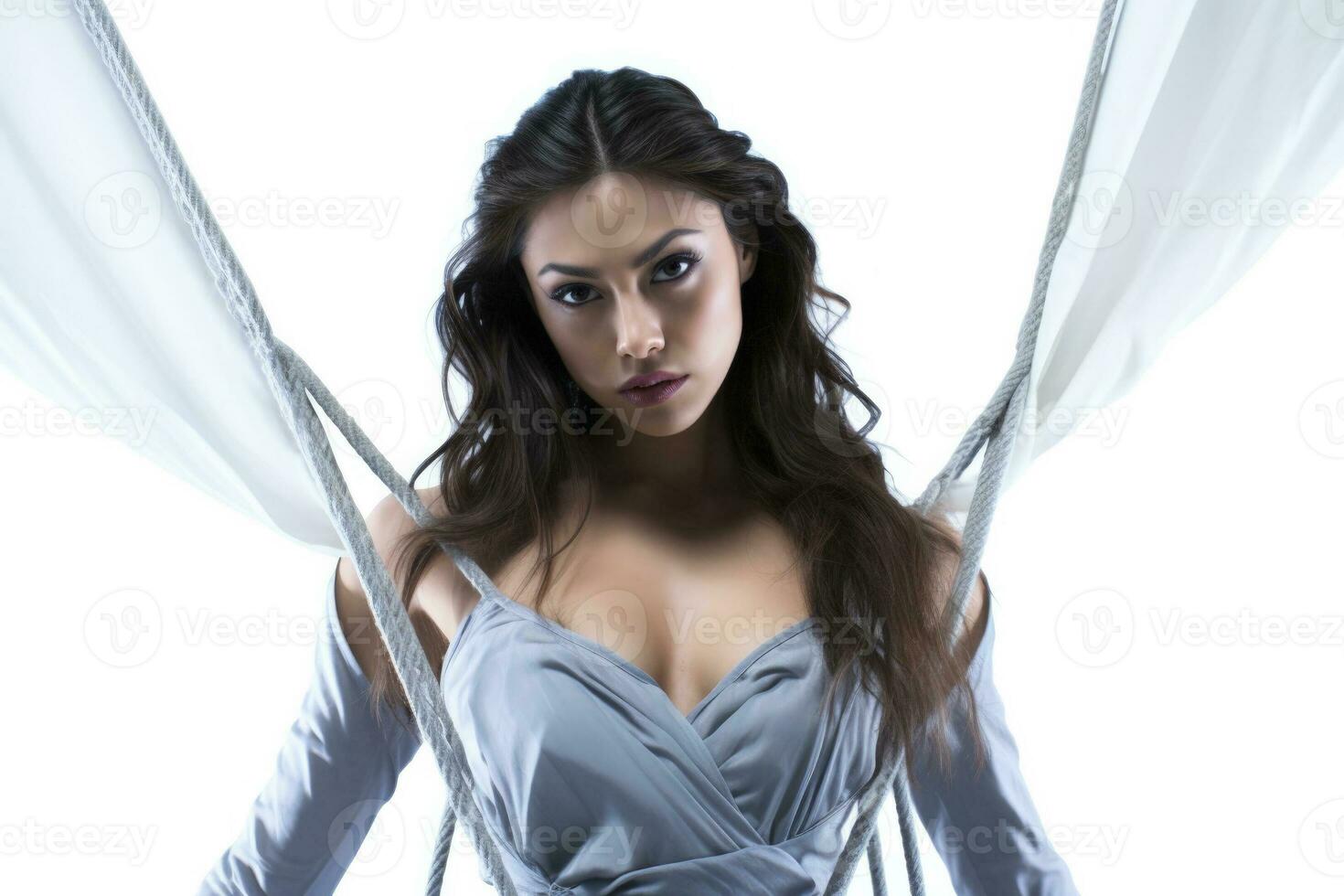 Intense gaze of an aerial silk performer mid action isolated on a white background photo