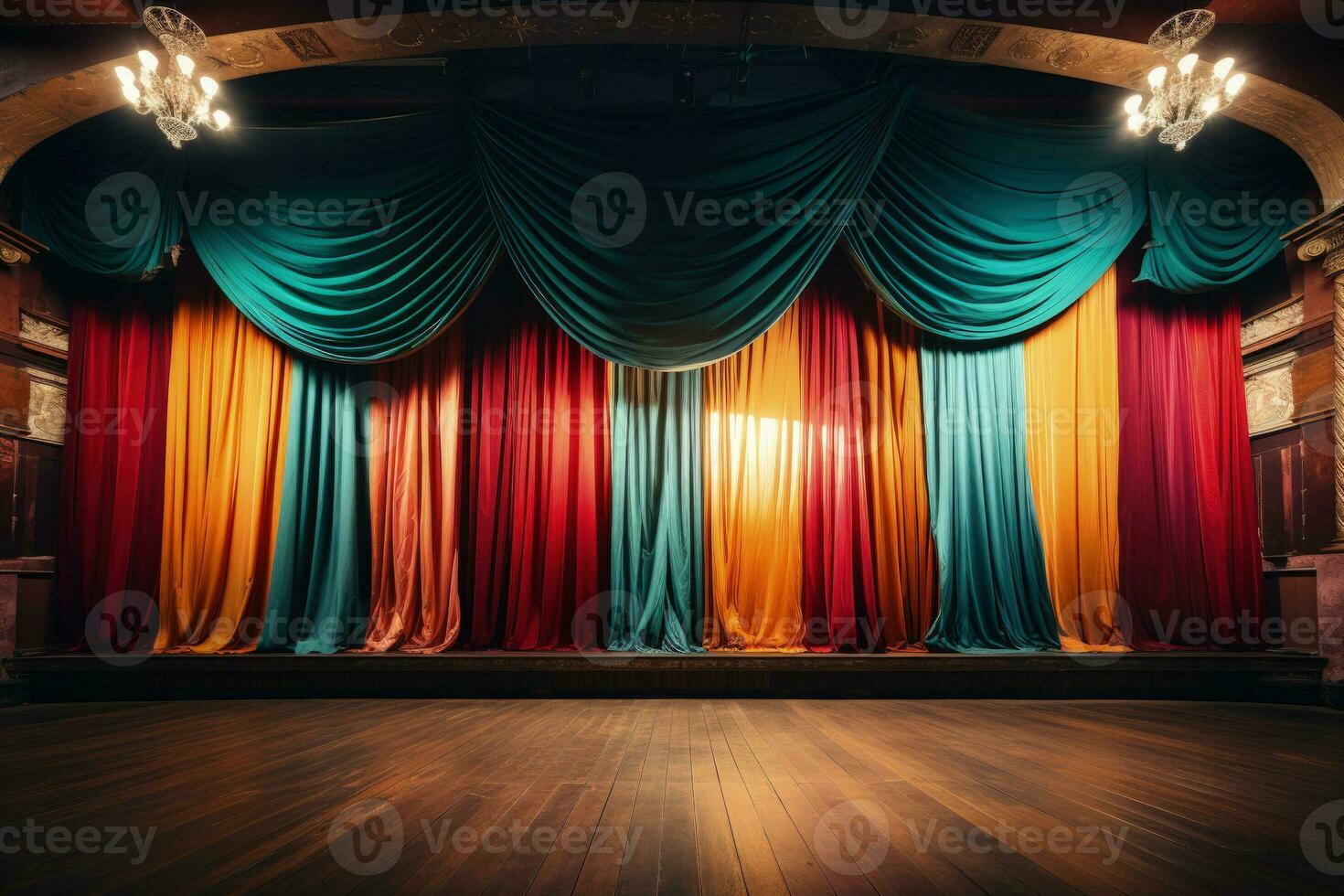 Unoccupied circus stage draped silks awaiting performance background with empty space for text photo