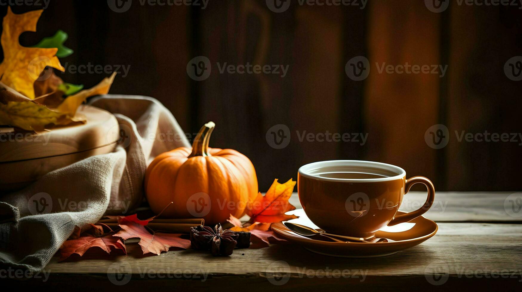 Pumpkin spice cup of tea stock photo, cozy teatime autumn drink, Generative AI photo