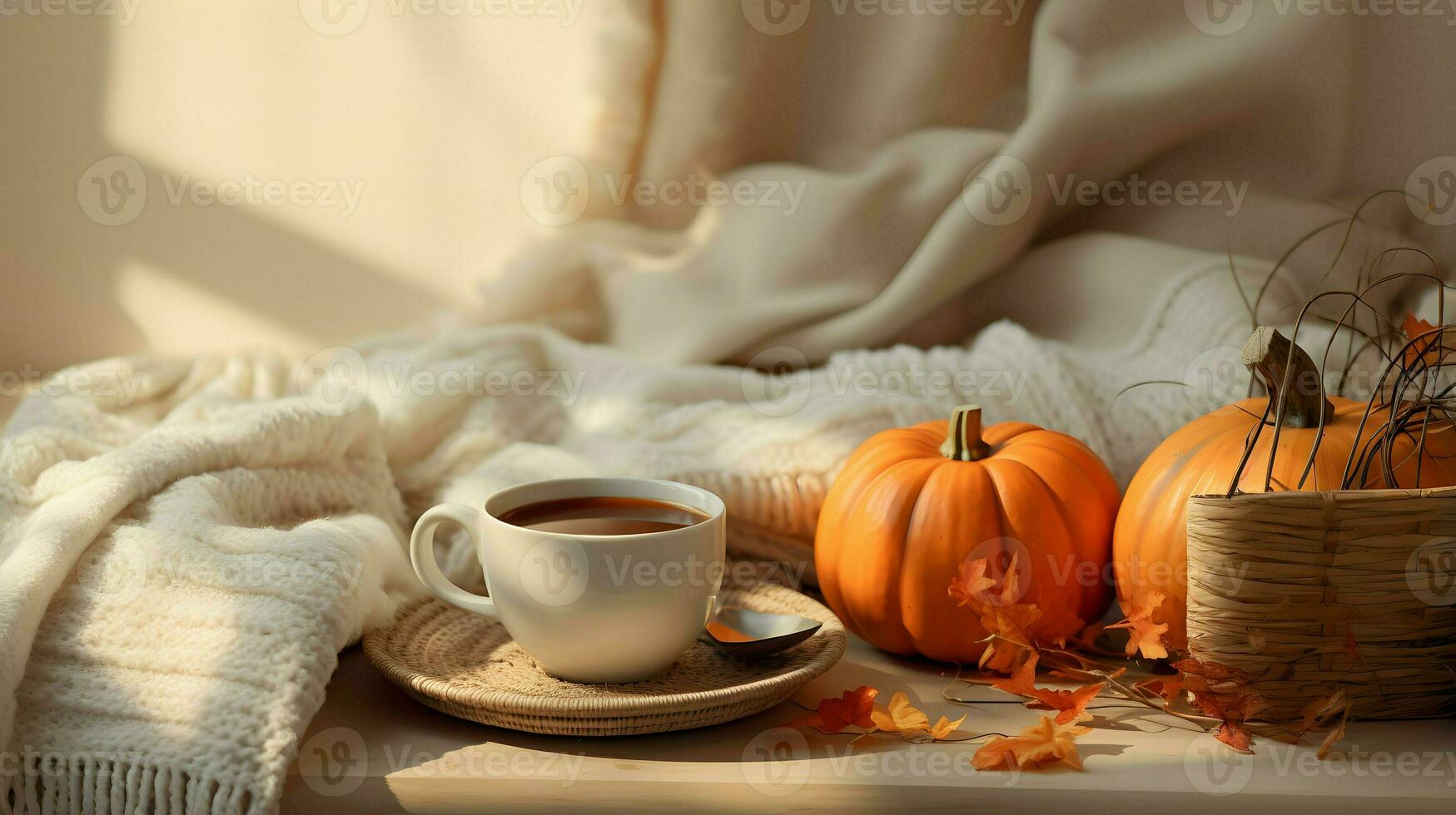 Pumpkin spice cup of tea stock photo, cozy teatime autumn drink, Generative AI photo