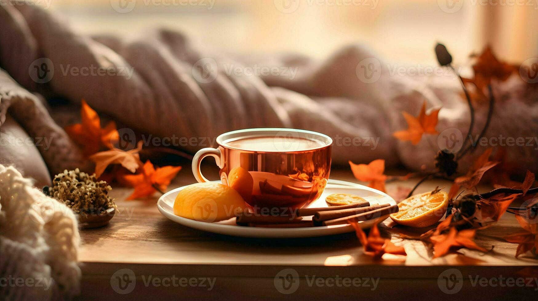 Pumpkin spice cup of tea stock photo, cozy teatime autumn drink, Generative AI photo