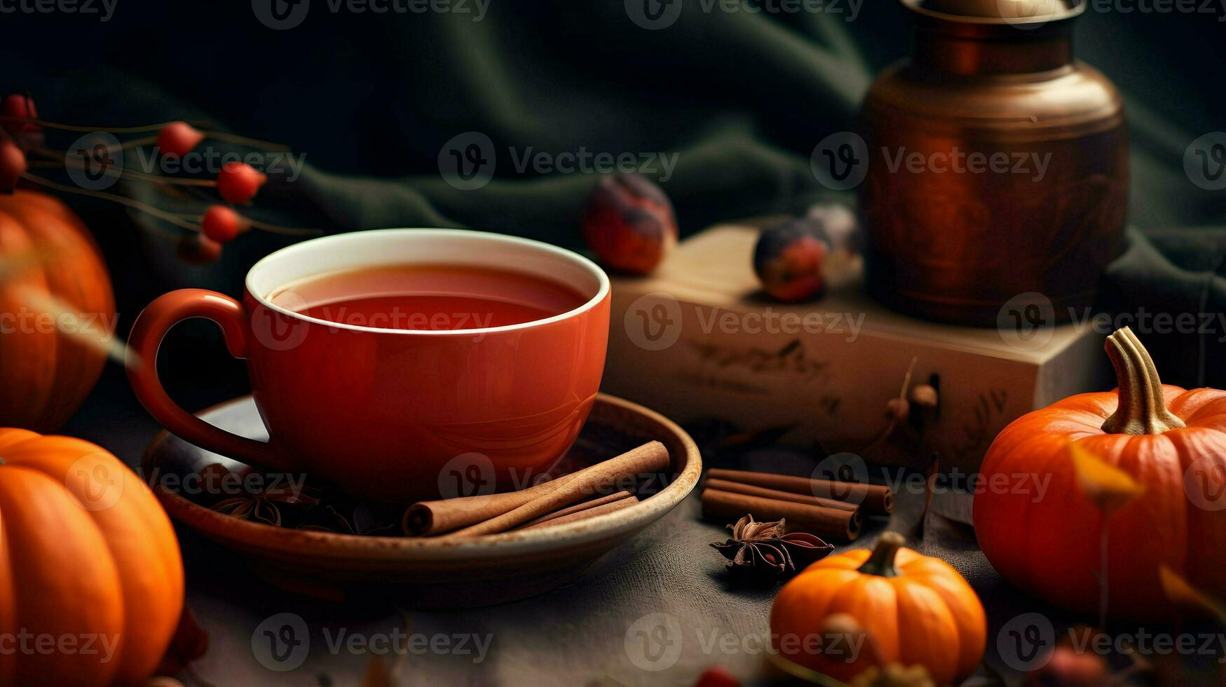 Pumpkin spice cup of tea stock photo, cozy teatime autumn drink, Generative AI photo