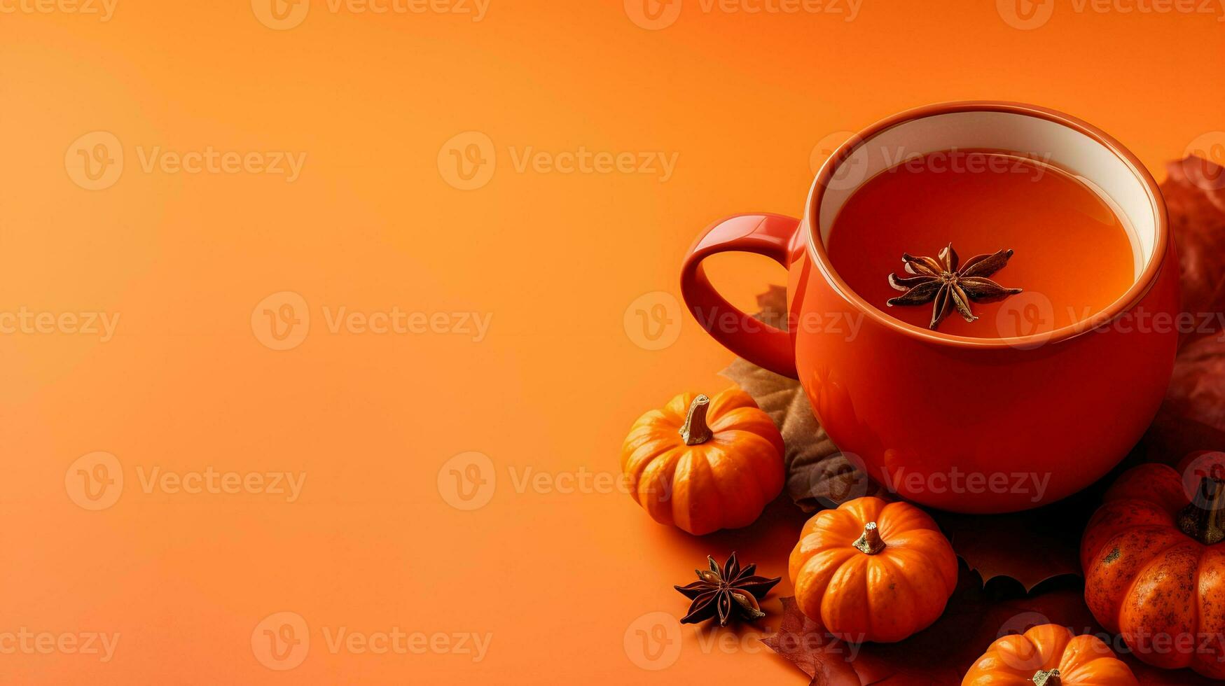 Pumpkin spice cup of tea stock photo, cozy teatime autumn drink, Generative AI photo