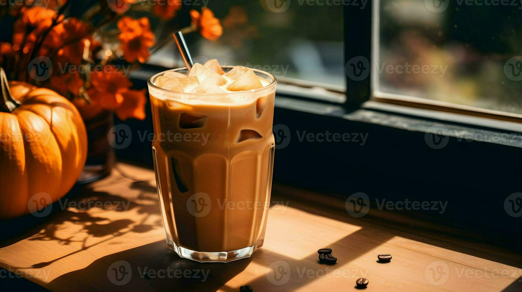 Pumpkin spice latte, iced coffee background photo, Generative AI photo