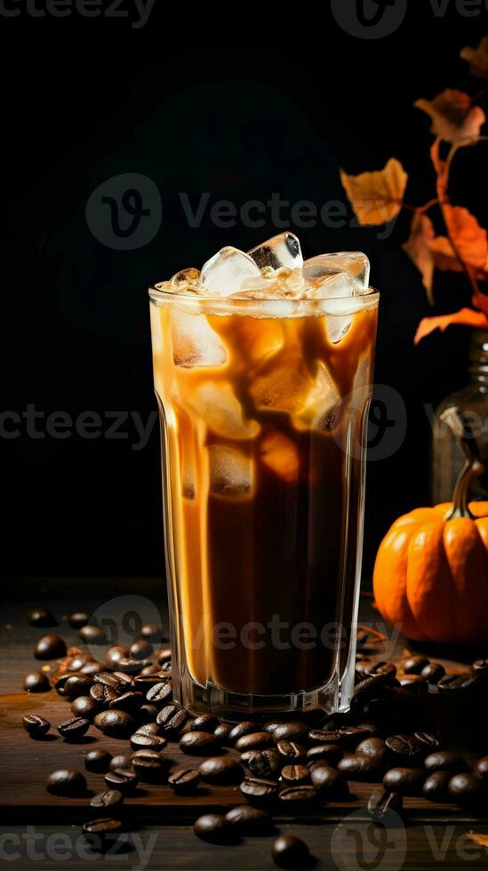 Pumpkin spice latte, iced coffee background photo, Generative AI photo