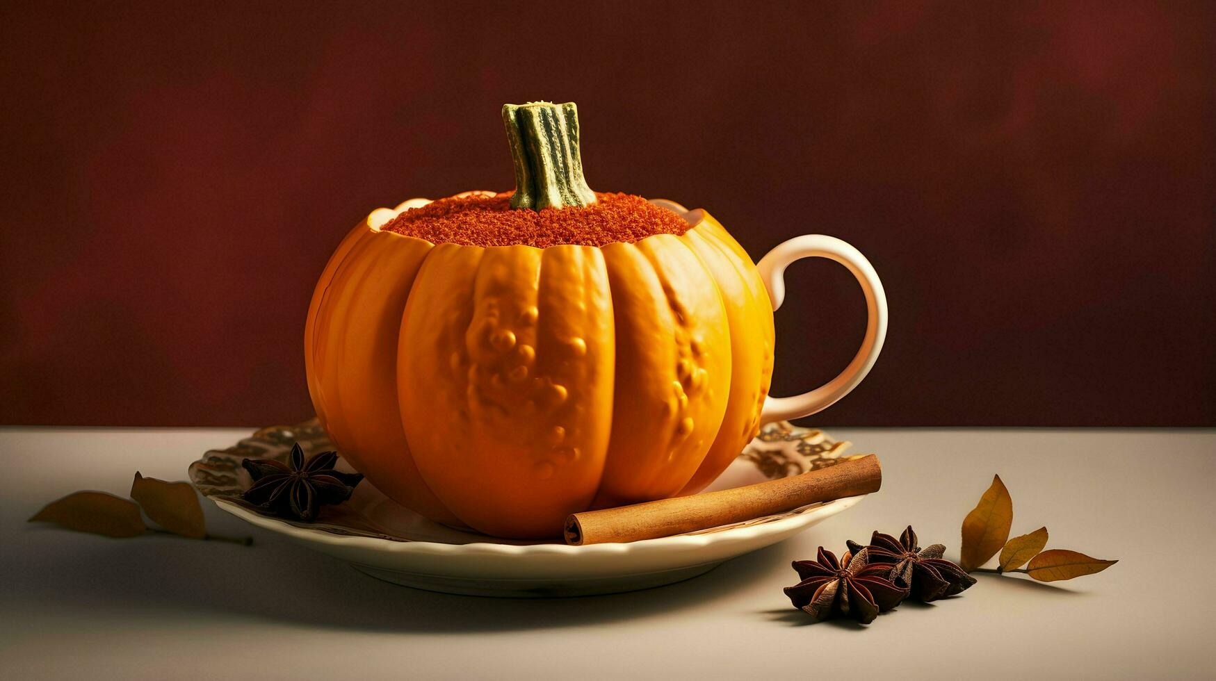 Pumpkin spice cup of tea stock photo, cozy teatime autumn drink, Generative AI photo