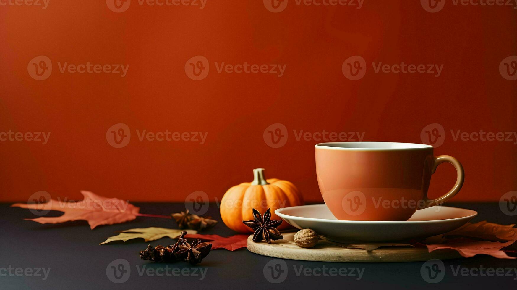 Pumpkin spice cup of tea stock photo, cozy teatime autumn drink, Generative AI photo