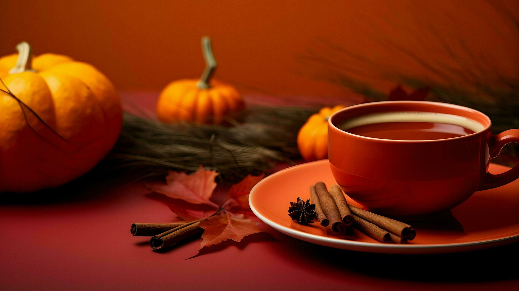 Pumpkin spice cup of tea stock photo, cozy teatime autumn drink, Generative AI photo