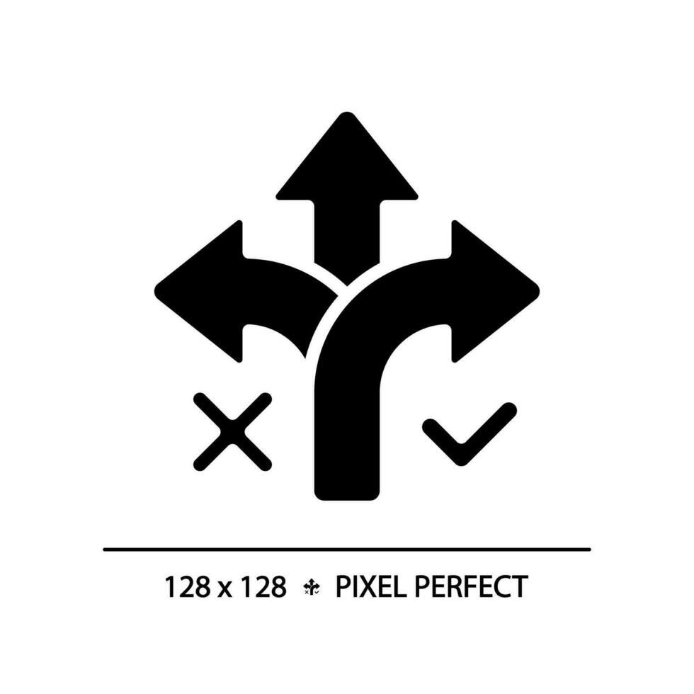 2D pixel perfect silhouette correct way icon, isolated vector, glyph style black illustration representing comparisons vector