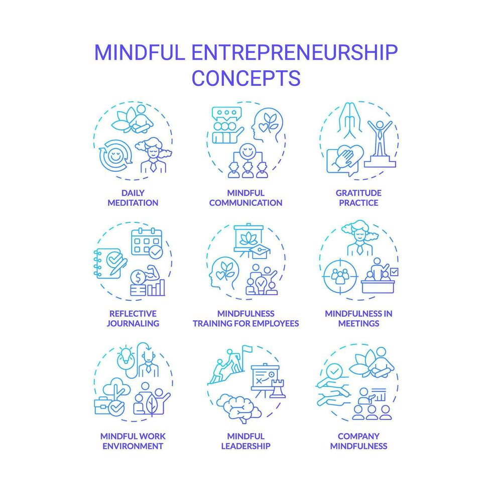 2D gradient thin line icons set representing mindful entrepreneurship, isolated vector, linear illustration. vector