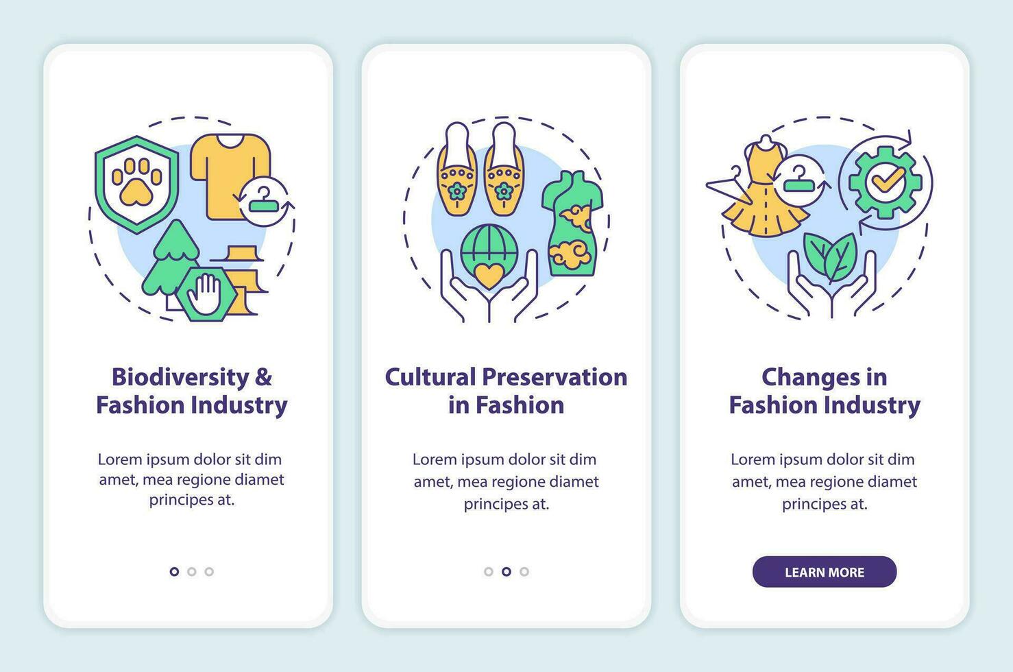 2D icons representing sustainable fashion mobile app screen set. Walkthrough 3 steps colorful graphic instructions with thin line icons concept, UI, UX, GUI template. vector