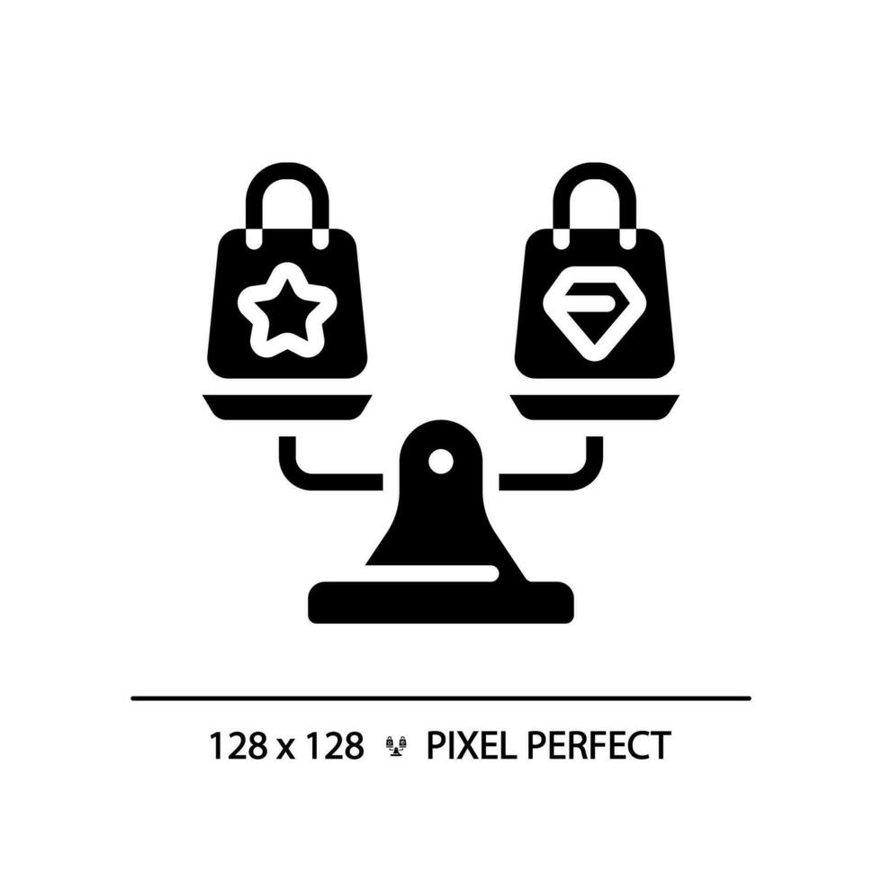 2d píxel Perfecto silueta compras pantalones en peso escala icono, aislado vector, glifo estilo negro ilustración representando comparaciones vector