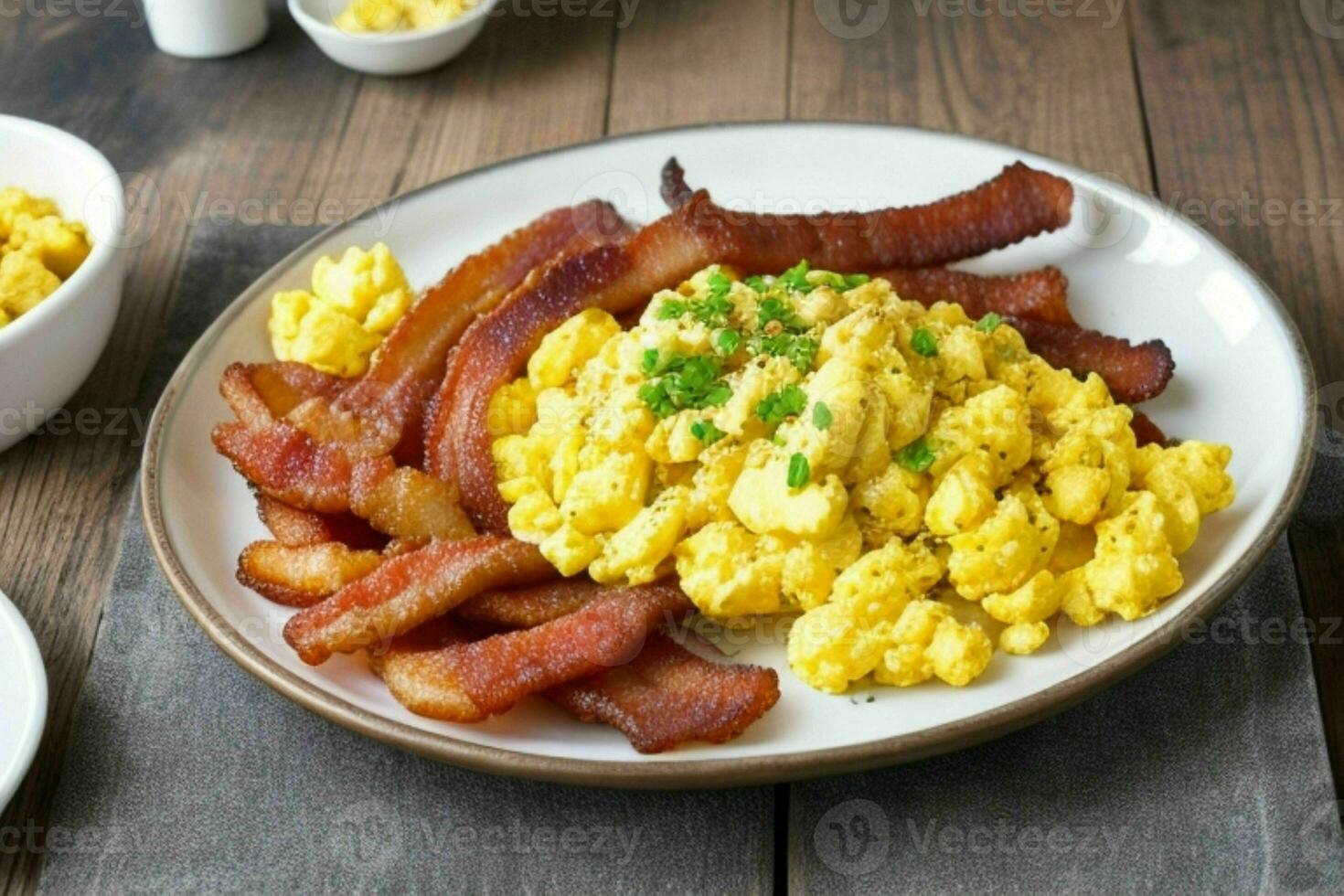 fried bacon and scrambled eggs. AI Generative Pro Photo