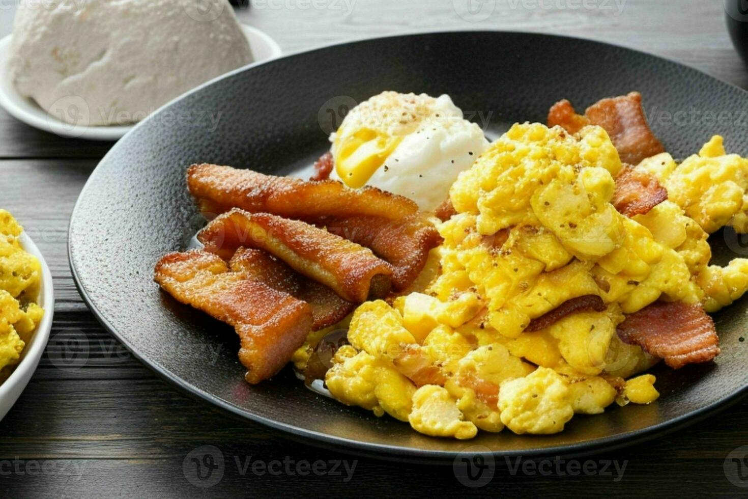 frito tocino y revuelto huevos. ai generativo Pro foto