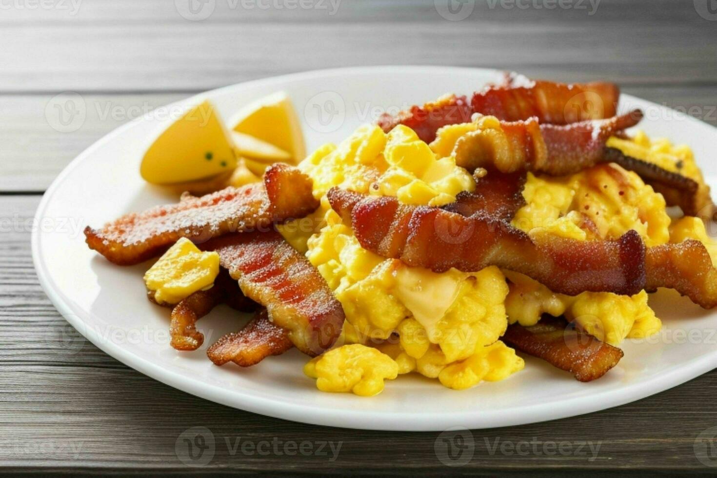 fried bacon and scrambled eggs. AI Generative Pro Photo
