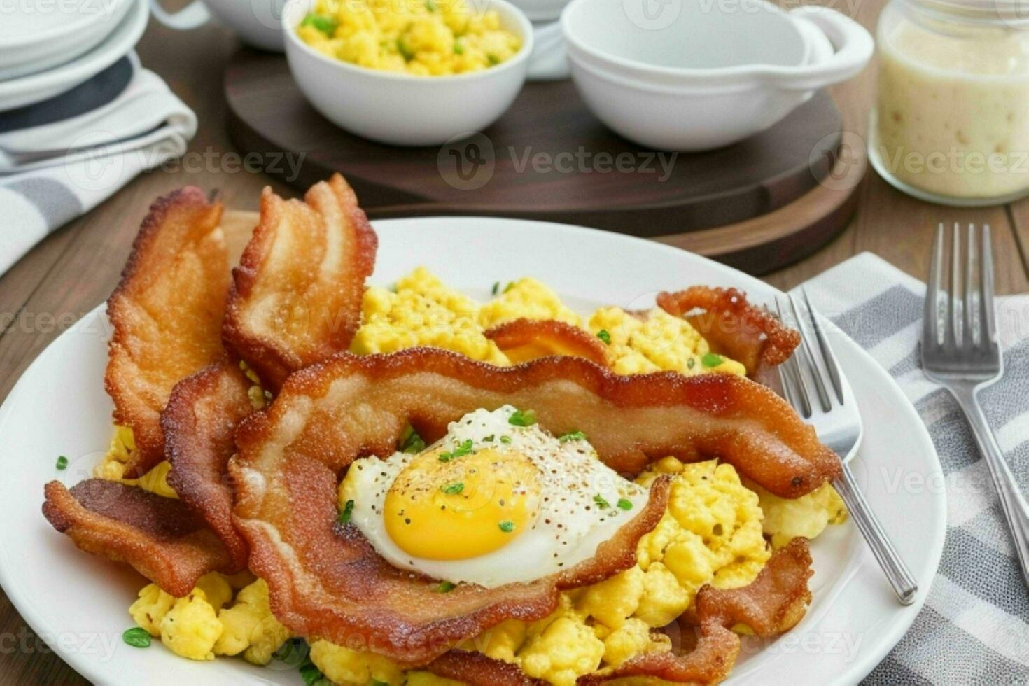 fried bacon and scrambled eggs. AI Generative Pro Photo