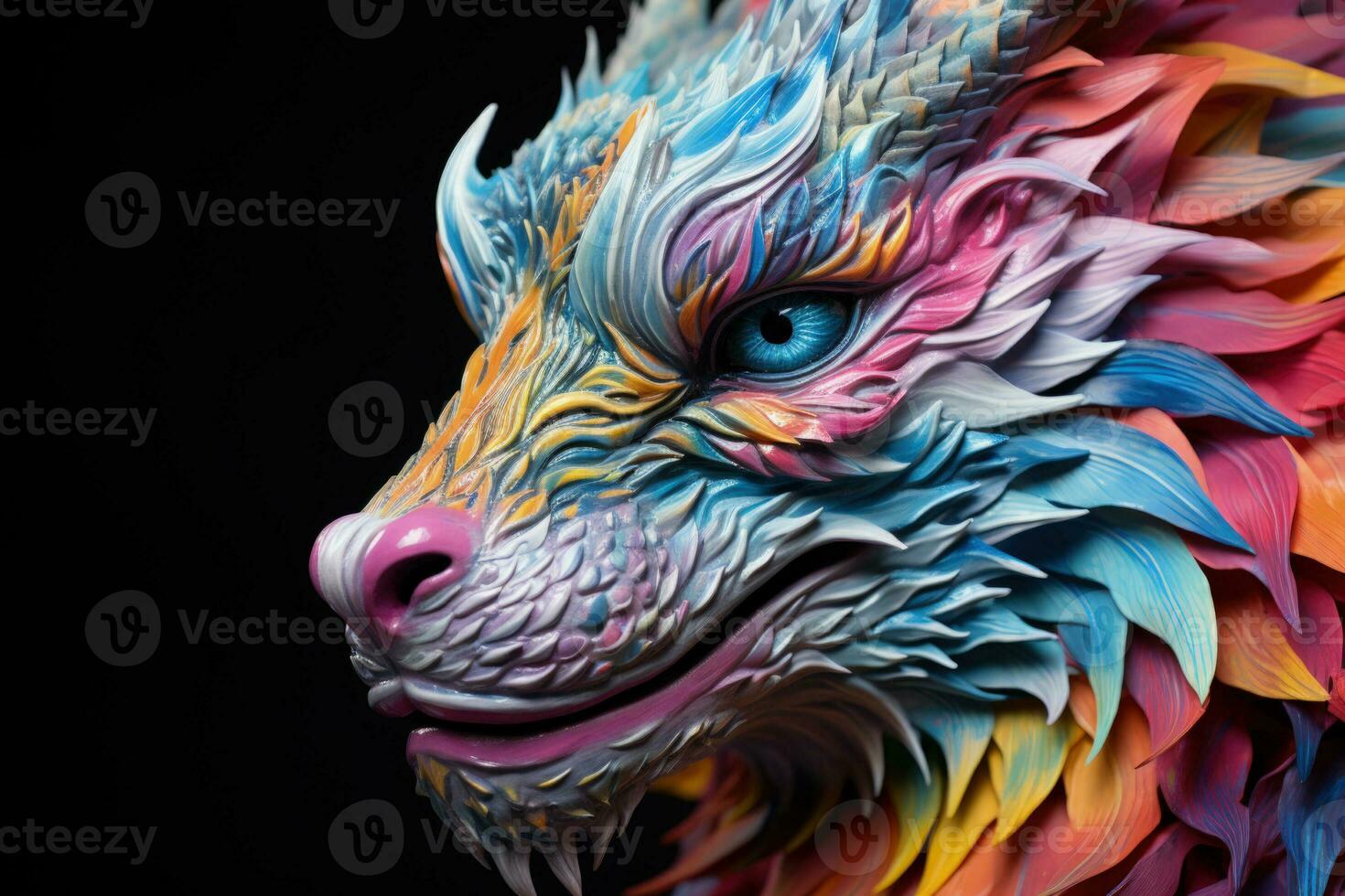 Artistic dragon body painting design for New Year party isolated on a rainbow gradient background photo