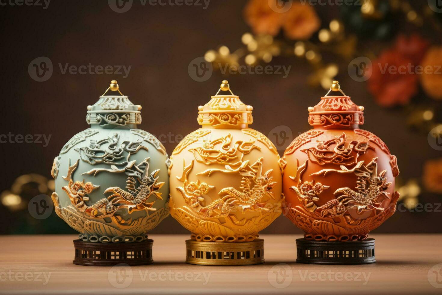 Colorful dragon shaped lanterns celebrating Lunar New Year isolated on a gold gradient background photo