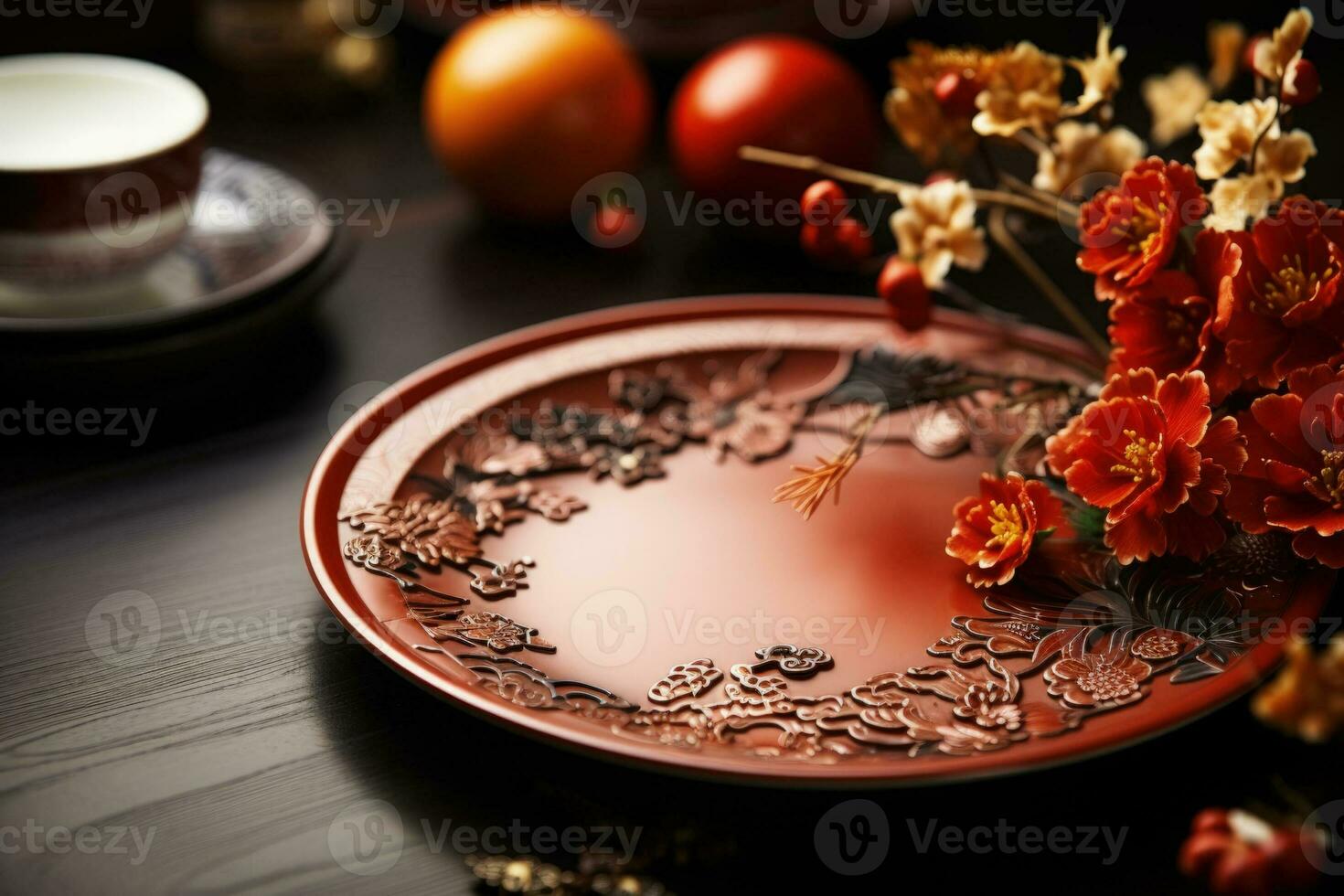 Festive table setting featuring dragon motifs for New Year background with empty space for text photo