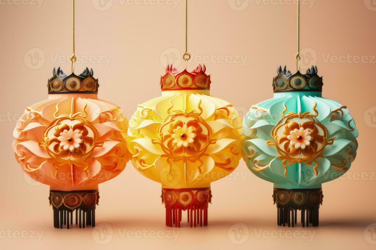 Colorful dragon shaped lanterns celebrating Lunar New Year isolated on a gold gradient background photo