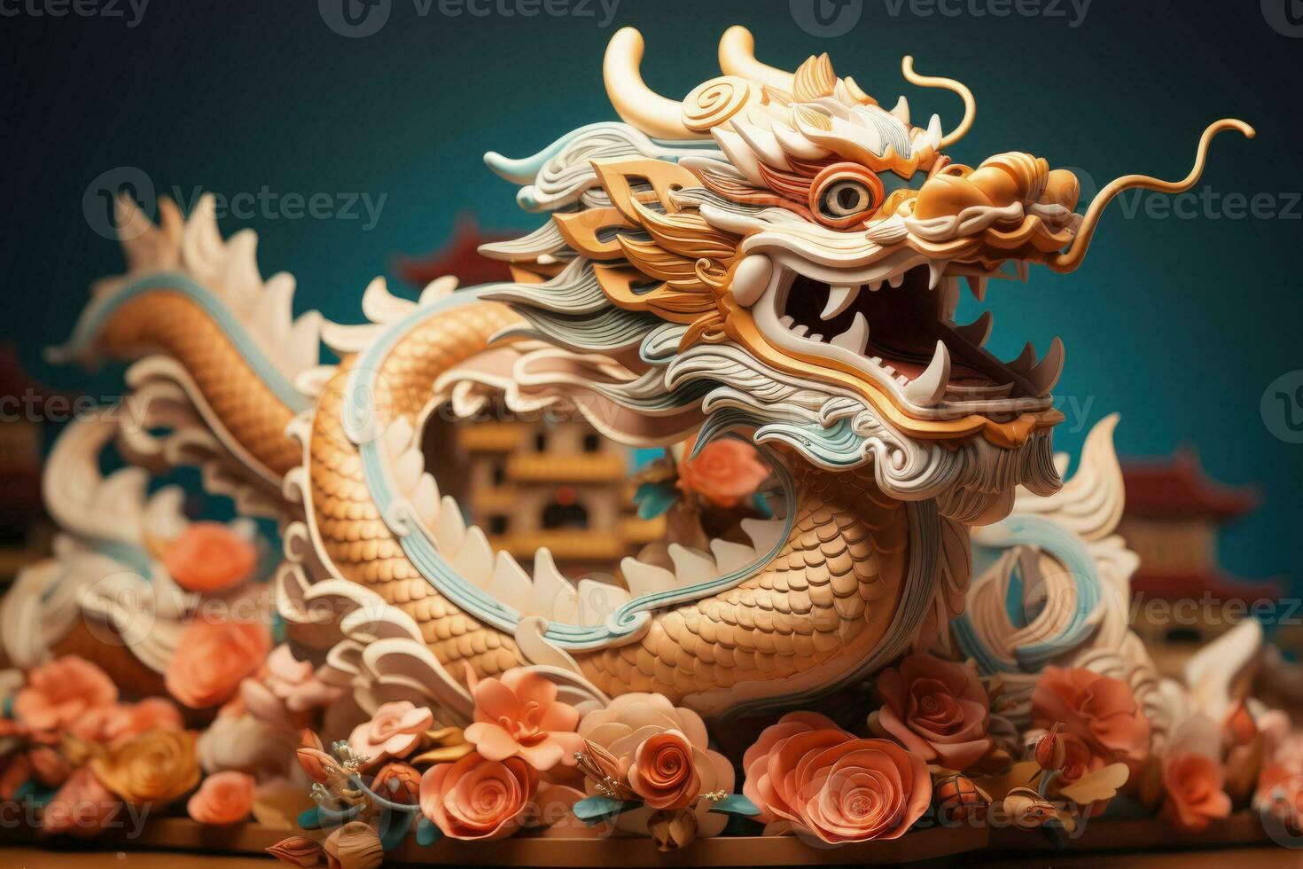 Dragon headed float for Chinese New Year parade isolated on an orange gradient background photo